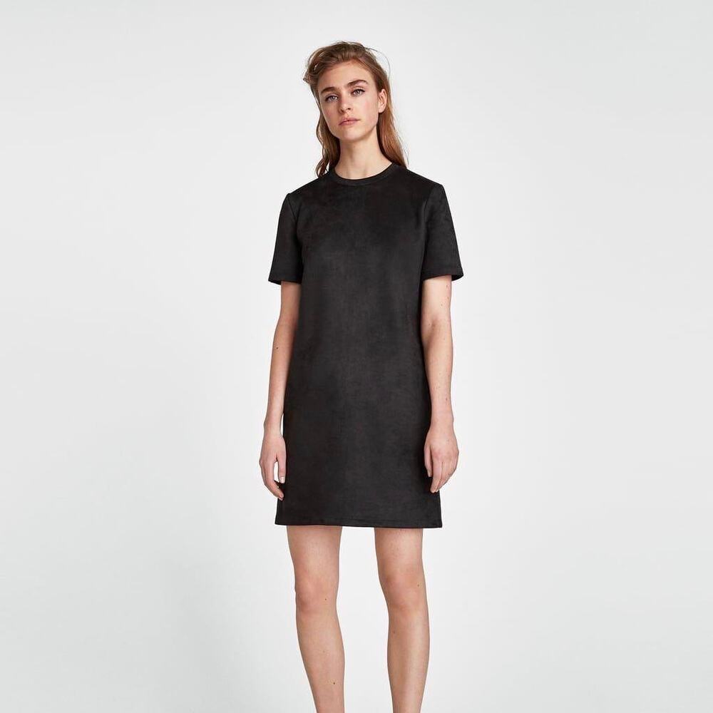 Zara Faux Suede Leather Black Crew Neck Short Sleeve Mini T-Shirt Dress Sz L